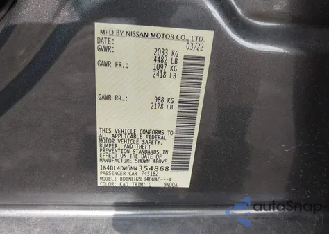 2022 Nissan Altima Sv Intelligent Awd from USA, damaged, VIN 1N4BL4DW6NN354868